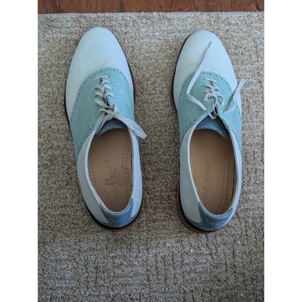 Cole Haan Mens Saddle Oxford Shoes Suede Brogue White Mint Blue G2‎ Sole Dress